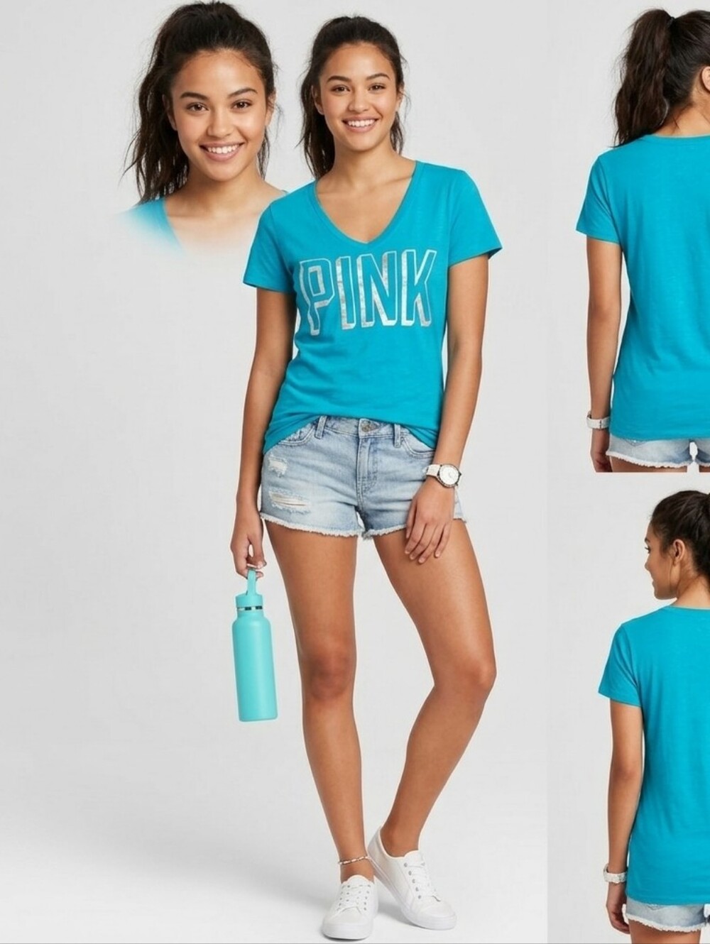 PINK Victoria Secret Women's Graphic tee shirt stretch cotton blue/silver small